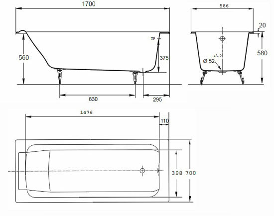 �������� ����� Jacob Delafon Parallel 170x70 E2947-S-00 (��� ������������������ ��������)